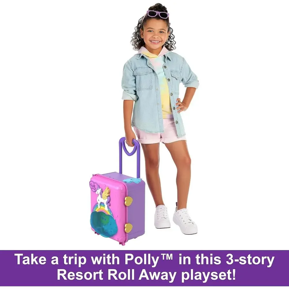 Polly Pocket Dolls Pollyville 3 story Resort Roll Away Playset 25+ Pieces NWT
